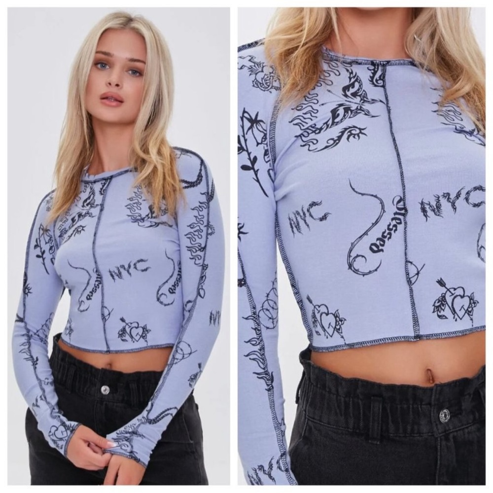 F21 Blue NYC Tattoo Print Long Sleeve Ribbed
Seam T-Shirt Crop Top